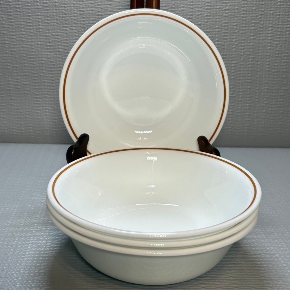 Vintage Set of 4 Corelle Corning Autumn Trail Brown Rim White 6.25" Cereal Bowls